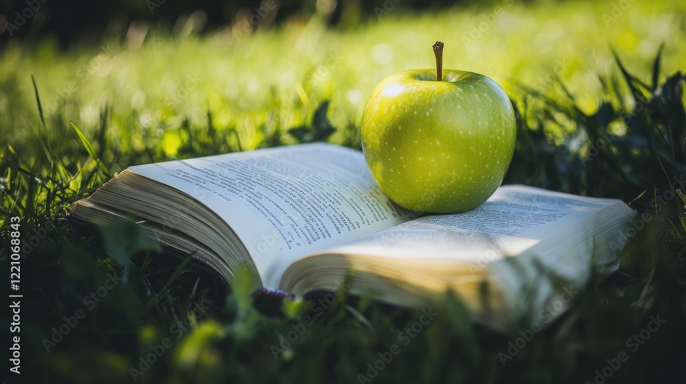 Poster A green apple on an open book, placed on lush grass, symbolizing the refreshing and enlightening combination of nature and knowledge.