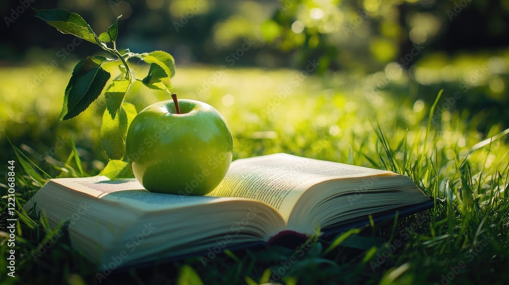 Poster A green apple on an open book, placed on lush grass, symbolizing the refreshing and enlightening combination of nature and knowledge.