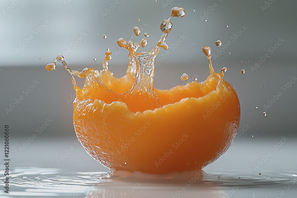 Poster orange fruit splashing into clear water creating ripples and droplets in a dynamic and refreshing sc
