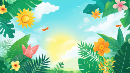 Obraz premium Bright summer background with tropical plants and flowers
