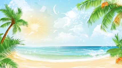Fototapeta premium vibrant summer beach scene with palm trees and bright sun