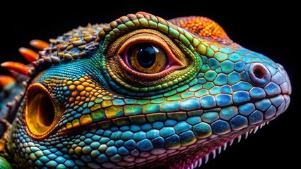 Vibrant Lizard Portrait: Close-Up Colorful Reptile Face on Black Background - Low Light Photography Stock Image