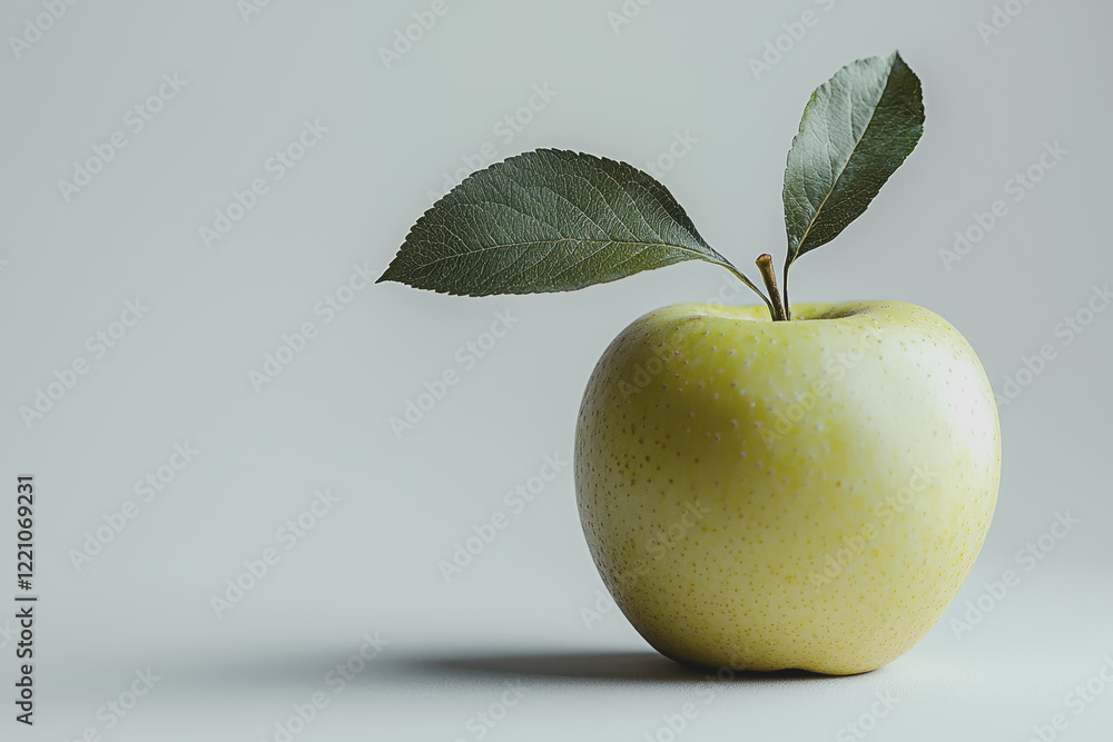 Poster fresh green apple with a single leaf resting on top against a plain background showcasing its natura