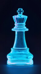 A luminous glass chess piece, representing strategy and intellect, captured in striking neon blue light against a dark background.