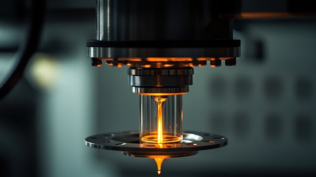 Close-up of a precision manufacturing process with glowing liquid being dispensed in a lab