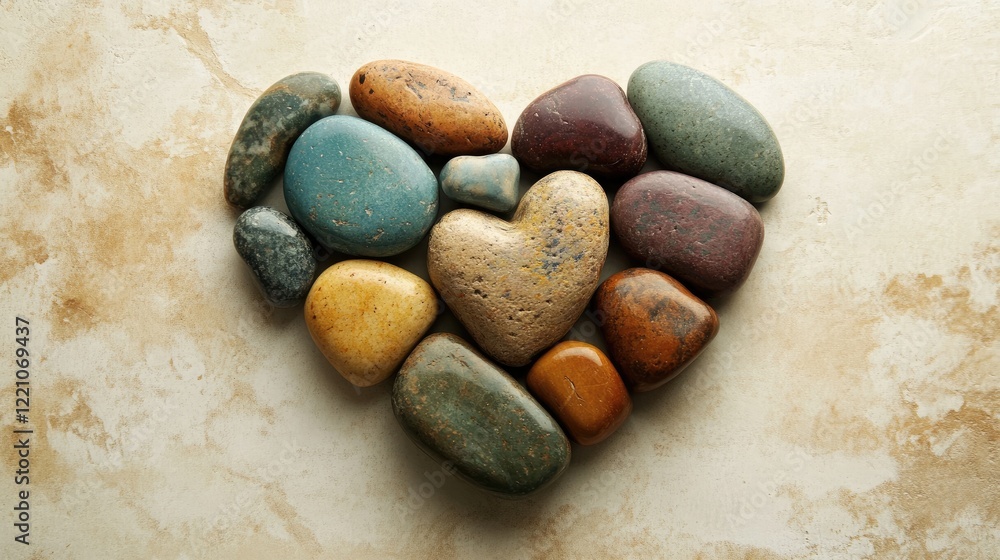 Poster a heart-shaped arrangement of multi-colored river stones, resting on a beige surface with subtle sha