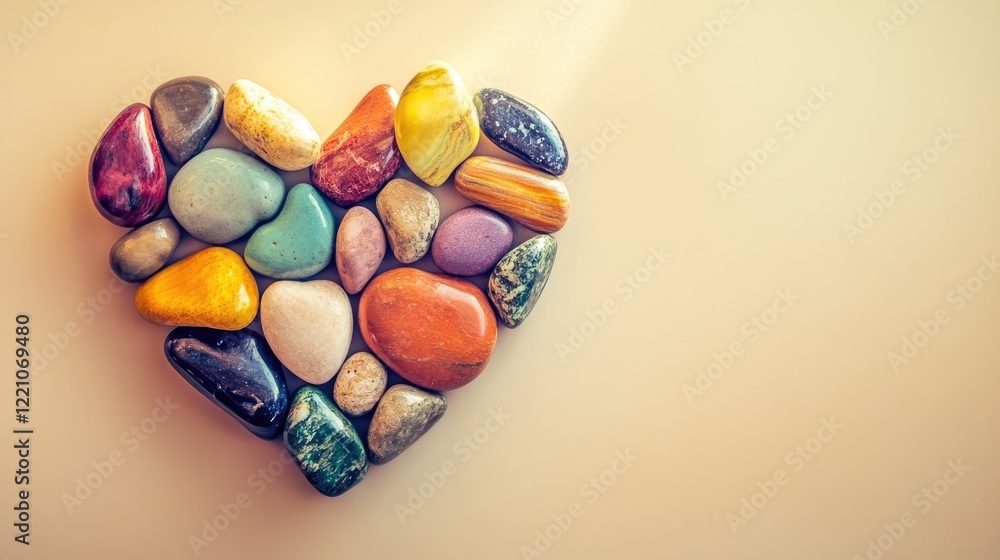 Poster a heart-shaped arrangement of multi-colored river stones, resting on a beige surface with subtle sha