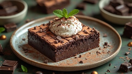 A perfectly portioned chocolate brownie with ice cream and mint sits on a plate against a styled.