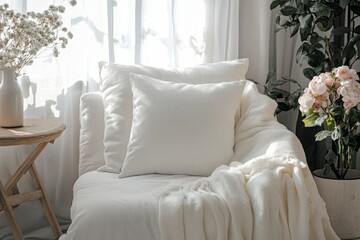Naklejka premium Cozy and Serene Living Room with Soft Textiles and Fresh Flowers