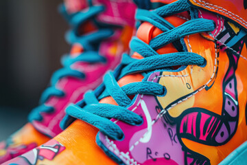 Detailed view of shoelaces on custom sneakers with graffiti-inspired patterns.
