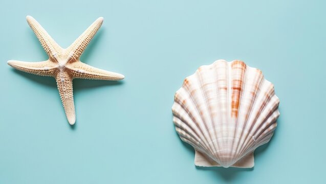 Summer vibe banner, starfish and beautiful seashell on blue background, summer sea holiday 2025