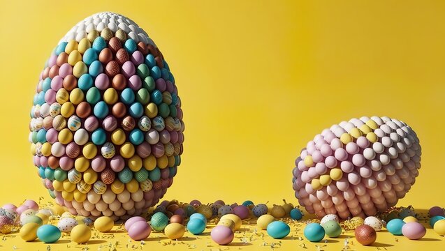 Creative Easter design, large Easter eggs made from colorful small eggs on a yellow background, Happy Easter 2026