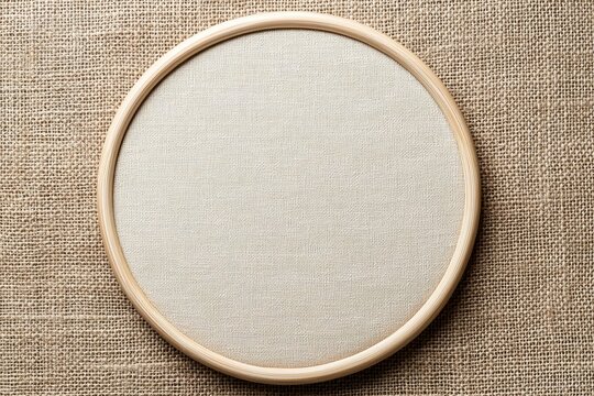 Round wooden embroidery hoop with beige fabric on burlap background.