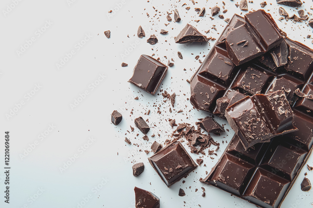 Poster a pile of assorted chocolate pieces on a white surface displaying various shapes and textures for de