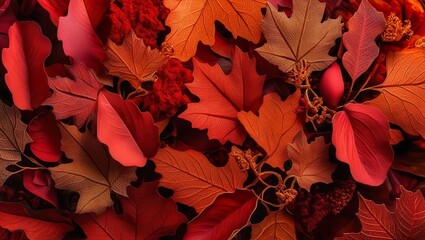 Moody autumn background 2025 with deep red and burgundy leaves. Atmospheric, dramatic fall texture perfect for seasonal designs, packaging, romantic themes, or artistic visual content