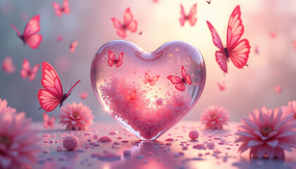 Heart-shaped glass with butterflies and pink flowers