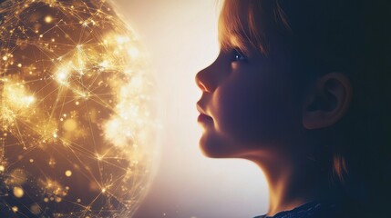 Child face merges with Earth international connections close up focus on copy space glowing soft hues double exposure silhouette with global grid. 