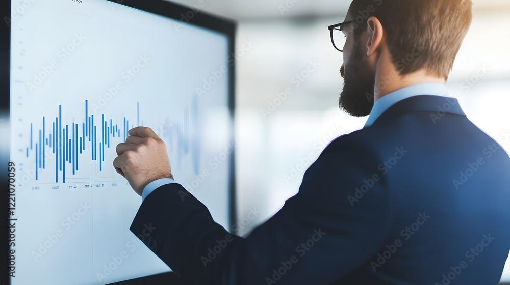 Aufkleber business manager utilizing touchscreen dashboard to display sales trends and projections