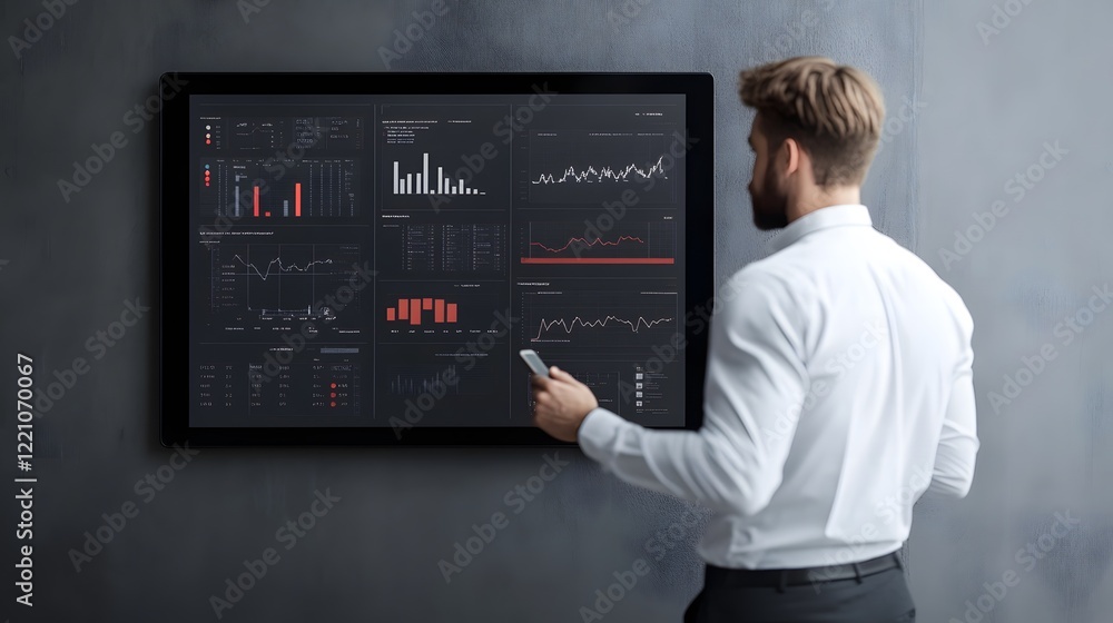 Aufkleber sales manager utilizing touchscreen dashboard to analyze trends and projections for team discussions