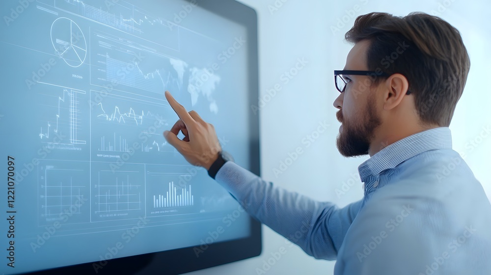Aufkleber sales manager presenting data insights on interactive touchscreen board for team discussion