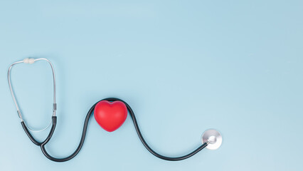 Stethoscope and red hearts on light blue background, Health care concept, Hospital life insurance...