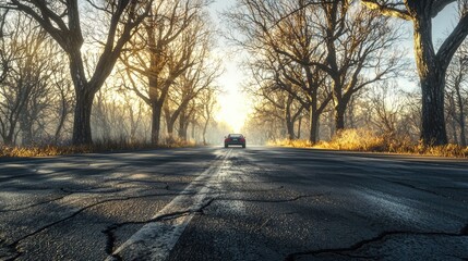 Car driving on a road through a bare tree lined avenue