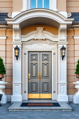 Fototapeta premium Majestic House Entrance: A Glimpse into Luxury Residential Architecture. Classical design, grand facade, elegant entryway. Discover the epitome of refined home design.