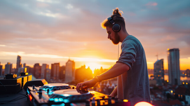 DJ performing at urban rooftop party during sunset, with city skyline in background, creating vibrant and energetic atmosphere