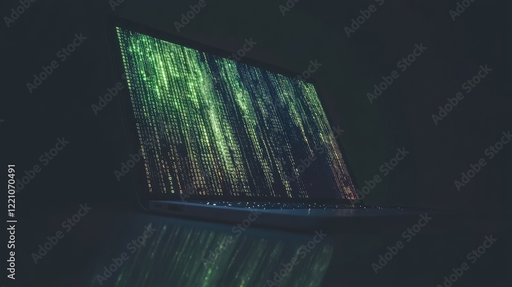 Aufkleber A laptop showcasing streaming digital images and programming code, visualizing the connection between technology, data, and innovation.