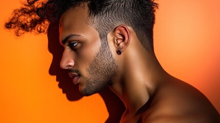 Naklejka premium Young Man Profile Shot Against Orange Background