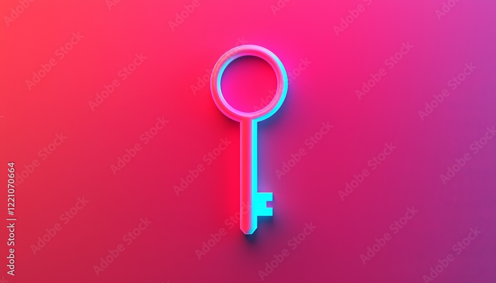 Poster a modern neon key design against a vibrant gradient background, symbolizing security and access in d