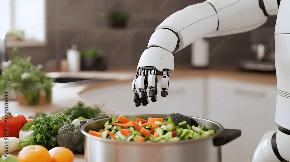 Poster polyfunctional robot chops vegetables and stirs pot simultaneously for time-saving kitchen solutions