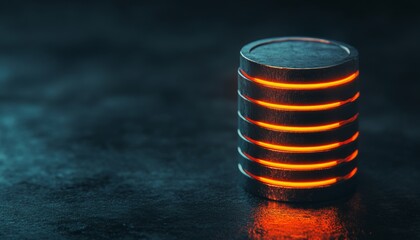 A modern metallic cylinder illuminated with glowing stripes, showcasing advanced technology in a dark, sleek environment.