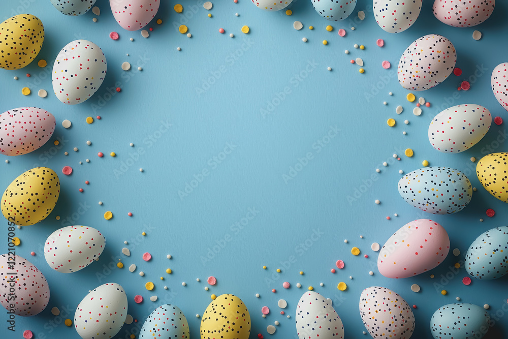 Aufkleber colorful easter eggs arranged on a blue background with ample copy space for text or messages during