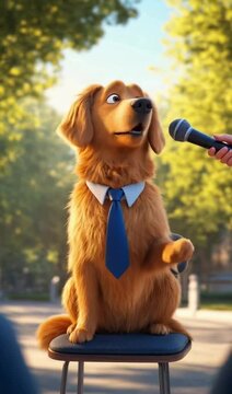 Golden Retriever in a Tie Sitting for an Interview Outdoors