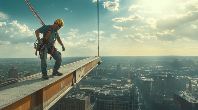 Construction Worker High Above City Skyline