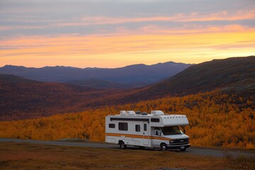 Camping road trip on the highways RV parked against a scenic sunset backdrop in mountainous terrain.