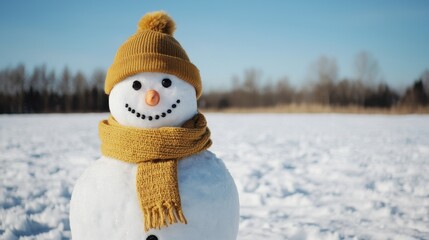 Obraz premium A cheerful snowman wearing a yellow hat and scarf stands in a snowy landscape, capturing the essence of winter fun.