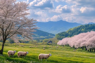 Obraz premium Sheep grazing in green meadow with cherry blossoms and mountains in springtime