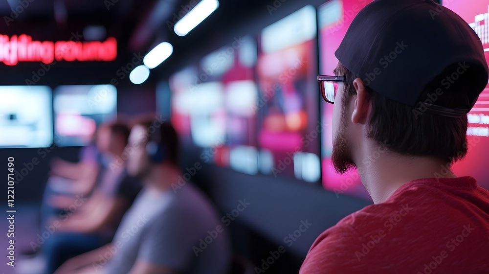 Poster attendees engaged in fast-paced virtual challenge at interactive event with digital displays