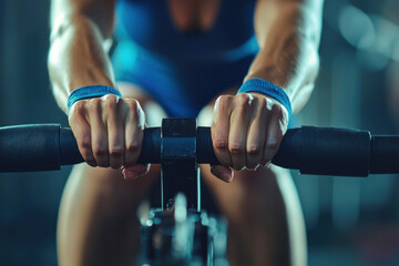Cyclist gripping handlebars during an intense indoor spinning session.