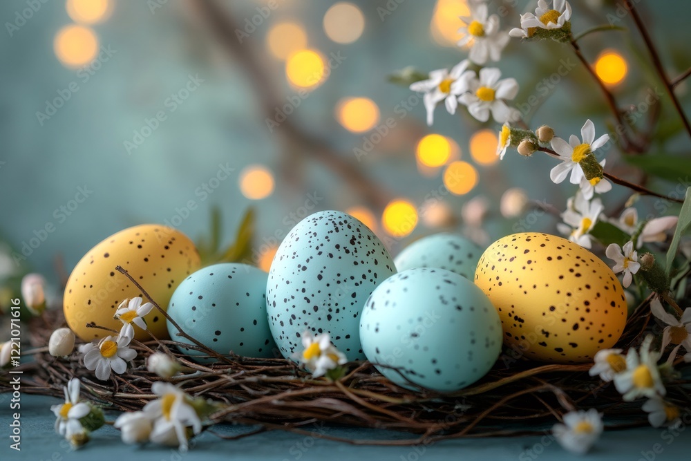 Poster easter eggs with spring flowers resting in a bird nest with bokeh lights in the background