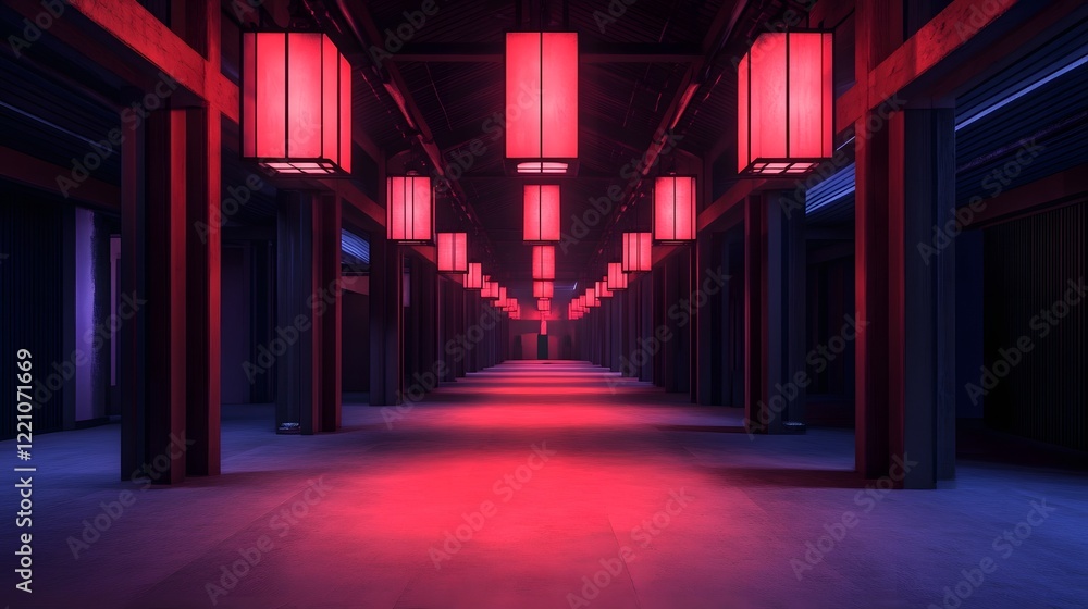 Poster mysterious glowing corridor in futuristic architectural design for interactive narrative experiences