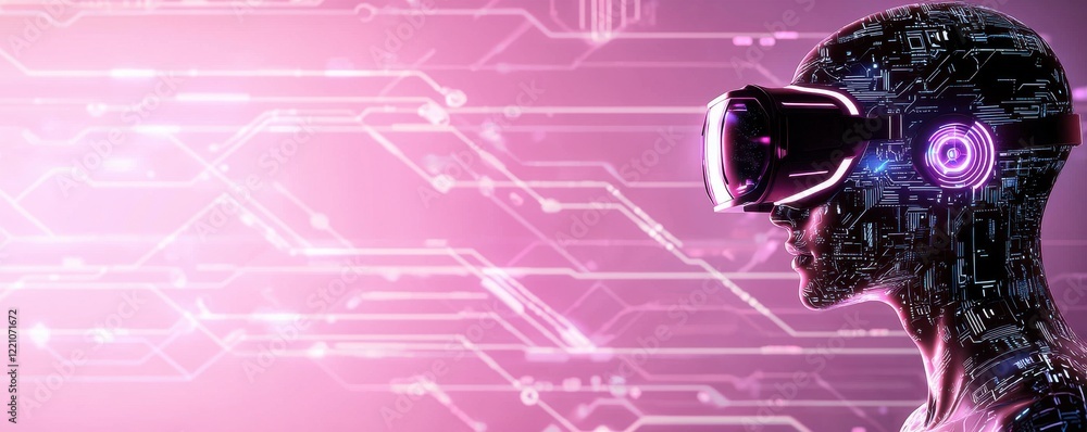 Poster a futuristic figure wearing a vr headset, surrounded by digital circuits and glowing patterns, repre