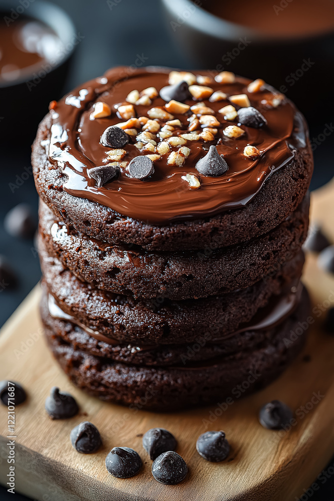 Poster stack of chocolate chip cookies with chocolate drizzle on top. the cookies are piled on top of each 