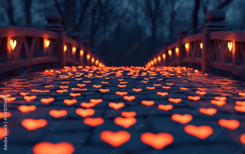 Poster a romantic path illuminated by heart-shaped lights, creating a magical atmosphere in the twilight.