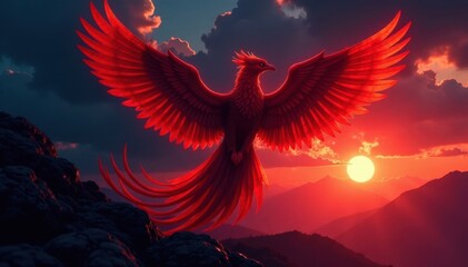 Obraz premium Crimson phoenix ablaze, dramatic silhouette against night, burning, fiery, rebirth