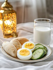 Boiled eggs, cucumbers, and bread served with warm milk beside a Ramadan lantern and prayer mat