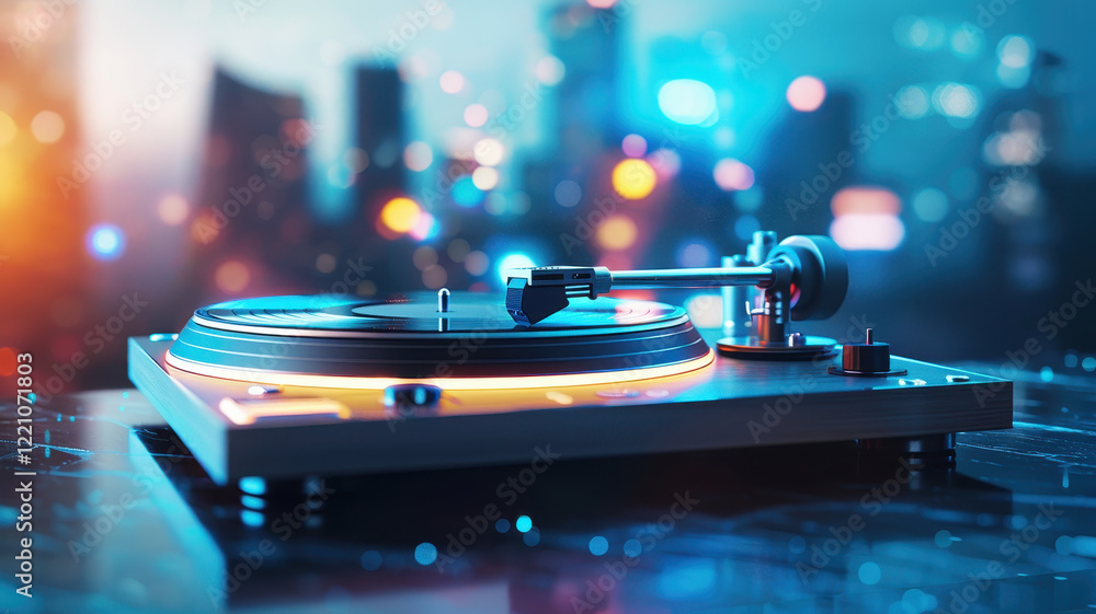 Poster turntable creating waves of color and emotion in vibrant cityscape. glowing lights and blurred backg