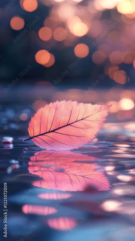 Poster a serene image of a delicate pink leaf floating on a tranquil surface, reflecting soft bokeh lights 